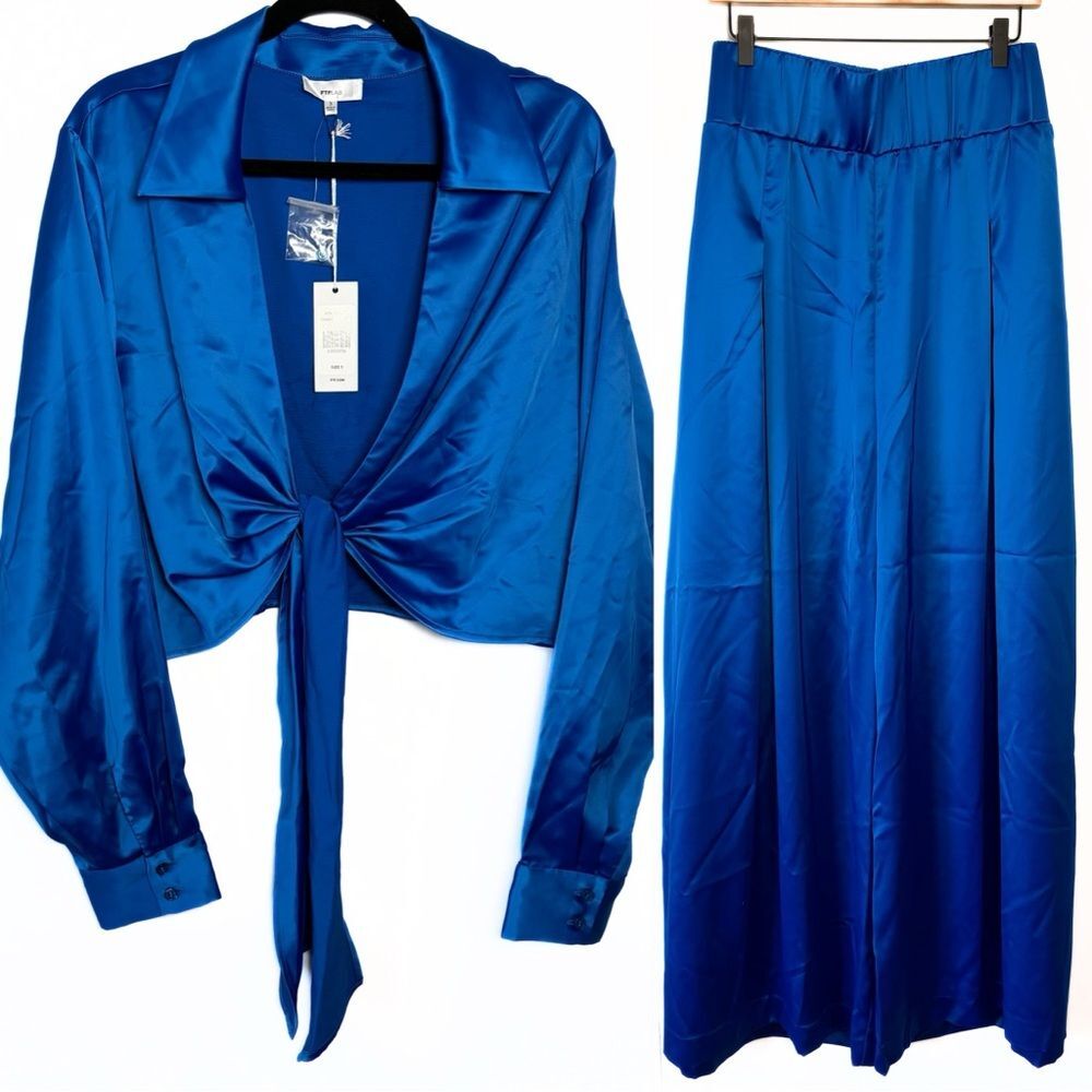 FTF x Frankie Tavares 2-Piece Blue Front Tie Top & Wide Leg Pants - Size 3x NWT